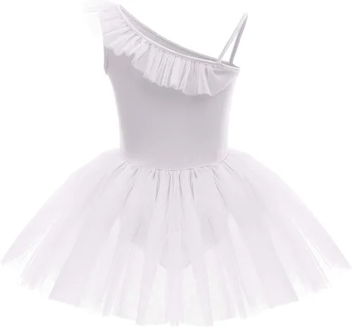 Miniatura 3 de IDOPIP Vestido de ballet con lentejuelas y volantes de un hombro para niñas, tutú con falda, leotardo de bailarina, traje de baile para niños