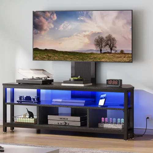 Miniatura 8 de DWVO Soportes de TV negros para sala de estar con toma de corriente, soporte de TV con montaje, centro de entretenimiento LED para TV de 70/65/60