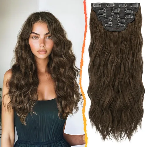 Miniatura 43 de BARSDAR Extensiones de cabello ondulado con clip, color marrón chocolate oscuro, extensiones de cabello con clip de 20 pulgadas para mujer, 5 piezas
