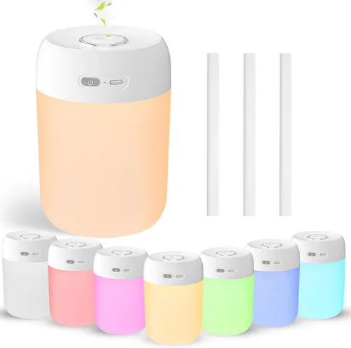 Minihumidificador portátil, 650 ml, luz LED colorida y luz cálida, niebla fría, USB, minihumidificador personal para escritorio, dormitorio,