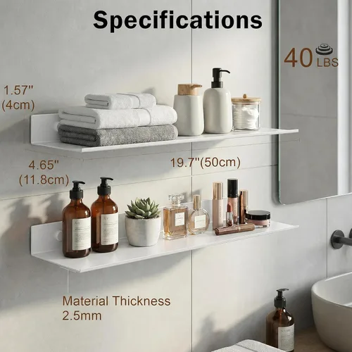 Miniatura 3 de Z metnal Estantes de pared, estantes flotantes, estante de baño de metal para organización de almacenamiento, aluminio, montado en la pared, blanco