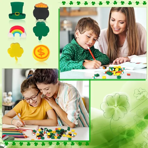 Miniatura 5 de JUNEBRUSHS Borradores para niños, 150 unidades de borradores de San Patricio, lindos borradores de lápiz, borradores de tréboles para niños, premios