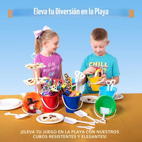 Miniatura 6 de Sloosh 12 juegos de cubos de arena con palas para niños, cubos de playa, juguetes de fiesta, cubo de plástico con asas