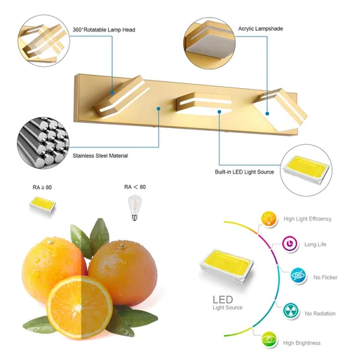 Miniatura 2 de SineRise Lámparas LED modernas para tocador de baño (3 luces, 24 pulgadas), accesorios de iluminación de pared de acrílico moderno dorado mate sobre