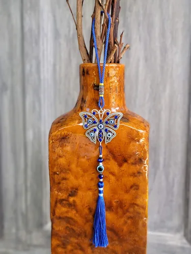 Miniatura 5 de LUCKBOOSTIUM Dijes de mariposa con diseño de ojo turco central en piedra de cristal azul con borlas para buena suerte, protección y bienestar