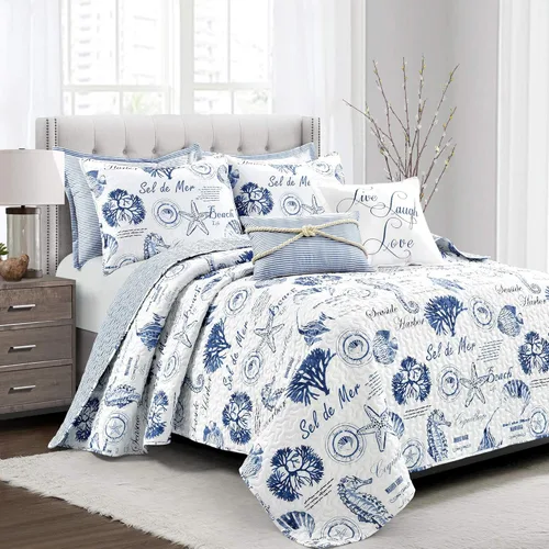 Miniatura 9 de Lush Decor Harbor Life - Juego de edredón reversible, juego de 5 piezas, tamaño individual/individual XL, azul y gris topo, juego de ropa de cama