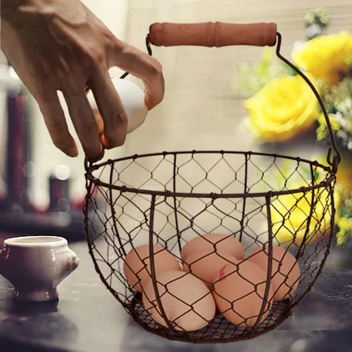 Miniatura 2 de TAIANLE. Cesta de huevos de alambre para recoger huevos frescos con asa, cesta redonda de metal para coleccionar huevos de estilo vintage, Malla