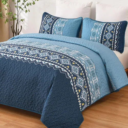 Miniatura 7 de WONGS BEDDING Juego de edredón bohemio de color beige, tamaño Queen, juego de colcha con estampado geométrico con 2 fundas de almohada, juego