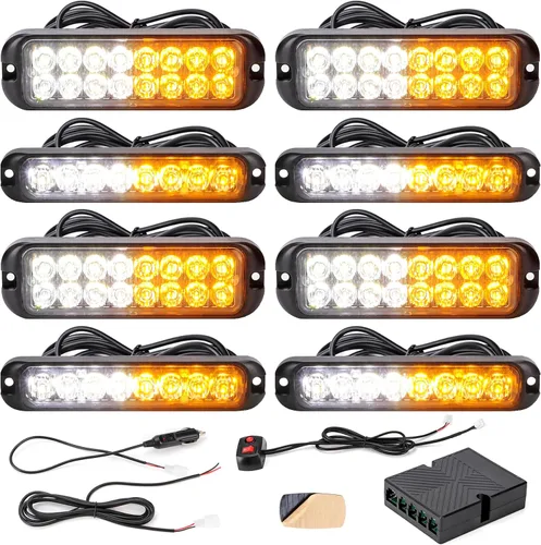 Kit de 8 luces estroboscópicas LED ámbar y blancas de 8 LED y 16 LED, función de sincronización, ultra delgadas, luz de emergencia, advertencia de