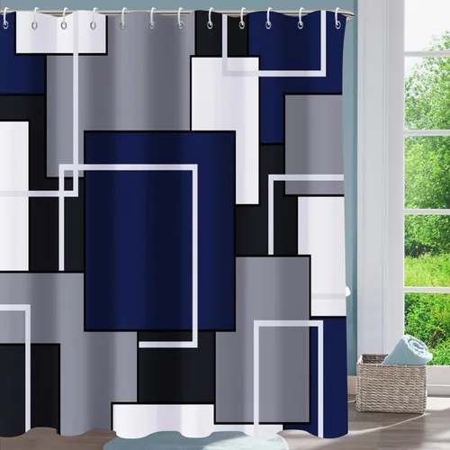 Miniatura 2 de Cortina de ducha azul marino, cortinas de ducha para baño, juegos de cortinas de ducha geométricas modernas de mediados de siglo, cortina de baño