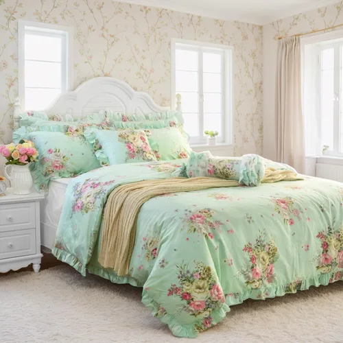 Miniatura 32 de FADFAY Juego de funda de edredón con estampado floral de roseta, juego de ropa de cama de encaje con volantes para niñas, 3 piezas, tamaño individual