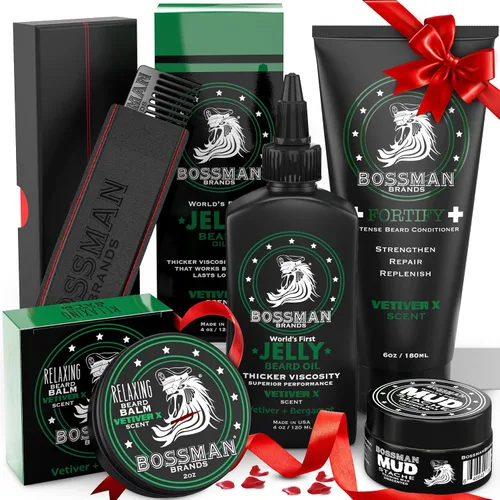 Miniatura 10 de Bossman Kit completo de gelatina de aceite para barba para hombre, acondicionador de ducha fortificante, bálsamo, cera de bigote y peine, suavizante
