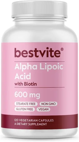 BESTVITE Ácido alfa lipoico de alta resistencia, 600 mg (por cápsula) con biotina para mejorar la absorción (120 cápsulas vegetarianas), sin