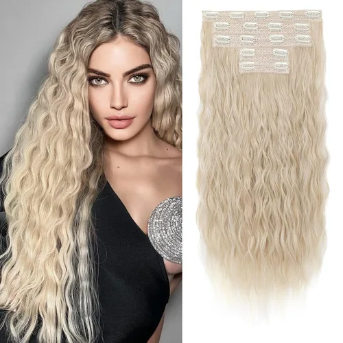 Miniatura 20 de REECHO Extensiones de cabello con clip, 5 piezas, de 24 pulgadas, de color rubio ceniza, extensiones de cabello con ondas largas y sueltas, HE002