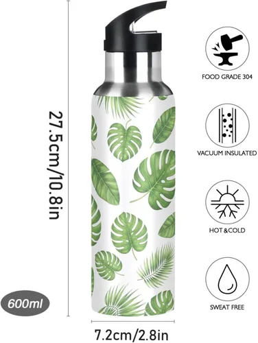 Miniatura 9 de Green Tropical Leaves Insulated Water Bottle 32 Oz, BPA-Free Sport Water Bottle Insulated Leakproof Water Bottles