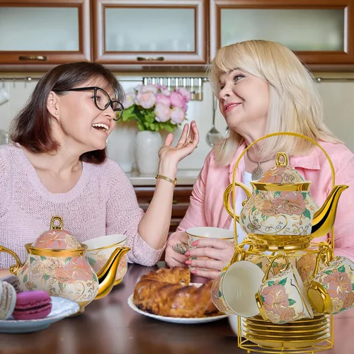 Miniatura 7 de Juego de té de cerámica europea de 20 piezas para adultos con soporte de metal y pintura de flores (versión crema grande)