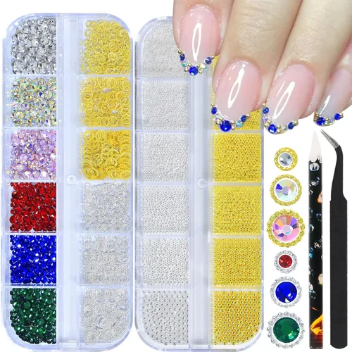 Miniatura 12 de Dijes 3D para arte de uñas, oro rosa, cuentas de micro caviar, diamantes de imitación para uñas acrílicas, tamaño mixto, diamantes de imitación AB