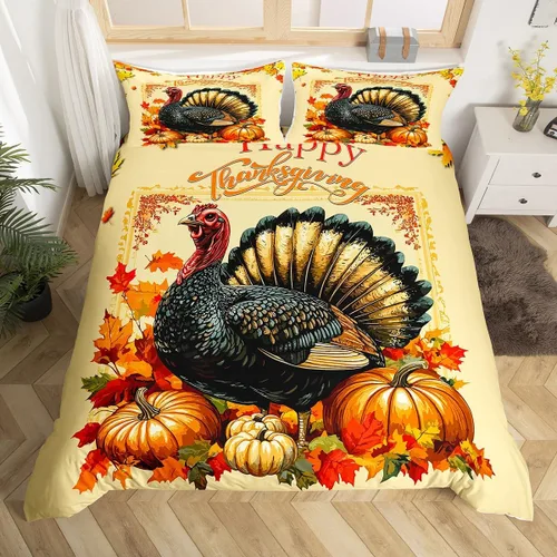 Erosebridal Juego de funda de edredón individual de pavo de Acción de Gracias, juego de ropa de cama de calabaza y hojas de otoño para niños y