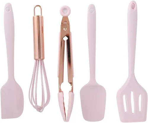 Miniatura 3 de Utensilios de cocina de silicona, 5 piezas, juego de utensilios de cocina, espátula, utensilios de cocina para niños, raspador de silicona, rosa