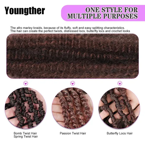 Miniatura 4 de Youngther Cabello afro de 16 pulgadas preesponjado con resorte, 7 paquetes de rastas suaves, cabello humano trenzado Marley Twist para mujeres