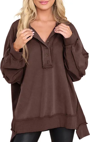 Miniatura 89 de AlvaQ - Sudadera de gran tamaño para mujer, informal, de manga larga, con botones y cuello Henley, tipo túnica