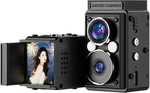 Andoer Cámara digital S11 Retro, cámara CCD de doble lente, estilo TLR portátil, retro, apuntar y disparar, compacto, pequeño con 6 filtros, para