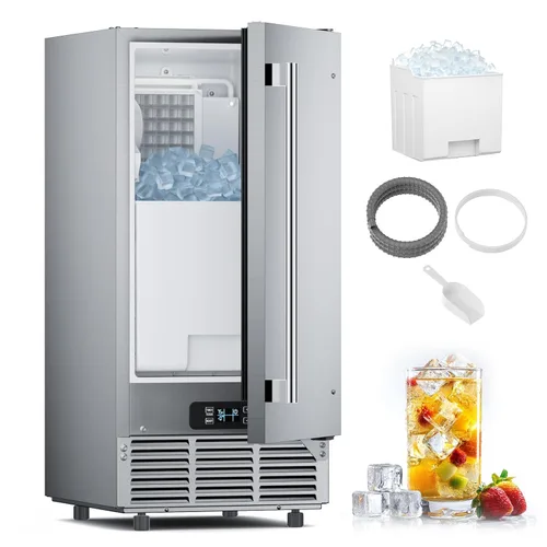 Máquina de hielo comercial bajo mostrador de 15" de ancho, 85 libras/día con contenedor de almacenamiento de 30 libras, máquina de hielo empotrable