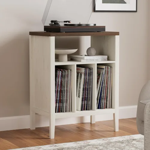 Miniatura 11 de Moderno soporte para tocadiscos, armario de almacenamiento de discos de vinilo con estante abierto, reproductor de discos de madera, organizador