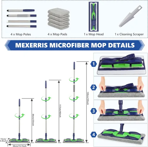 Miniatura 5 de Trapeadores de microfibra para limpieza de suelos de madera dura: Fregona plana MEXERRIS con 4 almohadillas lavables con mango ajustable de 59 Verde