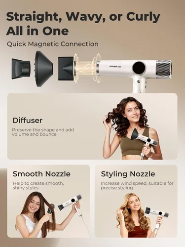 Miniatura 7 de Secador de pelo blanco con difusor, secador de pelo iónico profesional de alta velocidad con pantalla digital de temperatura, difusor magnético