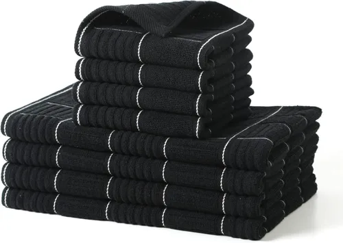 Juego de toallas y paños de cocina Glynniss, juego de toallas y paños de cocina absorbentes para lavar platos, limpieza y secado, paquete de 8 Negro