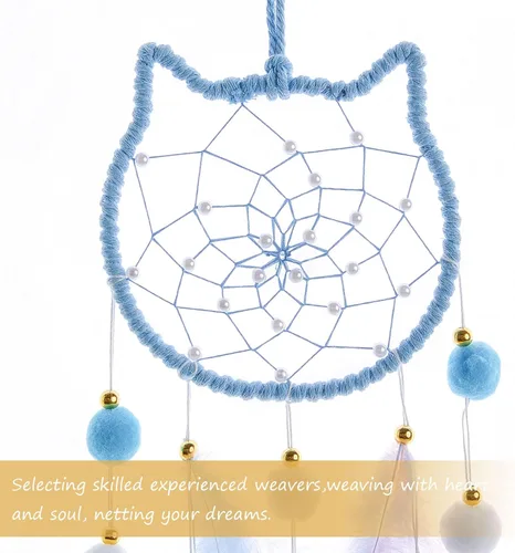 Miniatura 7 de Pretty Jolly - Atrapasueños azul de gato para niños, decoración de pared con pompones y plumas, atrapasueños hecho a mano para niños, decoración