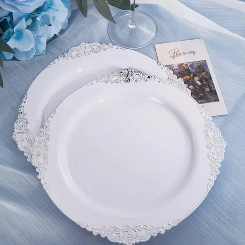 Miniatura 3 de Hioasis 100 platos de plástico blanco y plateado para fiestas, platos de postre de 7.5 pulgadas, desechables, resistentes, elegantes y elegantes