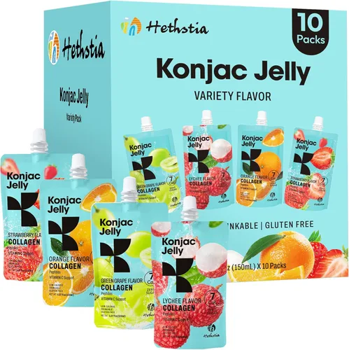 Miniatura 9 de Hethstia Konjac Jelly sabor a uva verde, 10 bolsas, gelatina de uva bebible con péptidos de colágeno, 7 Kcal, sin azúcar, sin gluten, keto, vegano