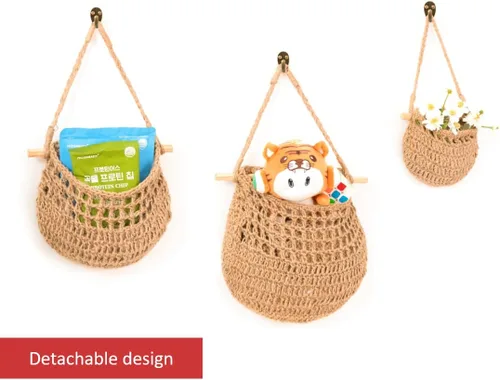 Miniatura 8 de Cesta colgante de frutas, cesta colgante de pared de yute tejida de 3 niveles para organizar, cesta colgante de productos para almacenamiento