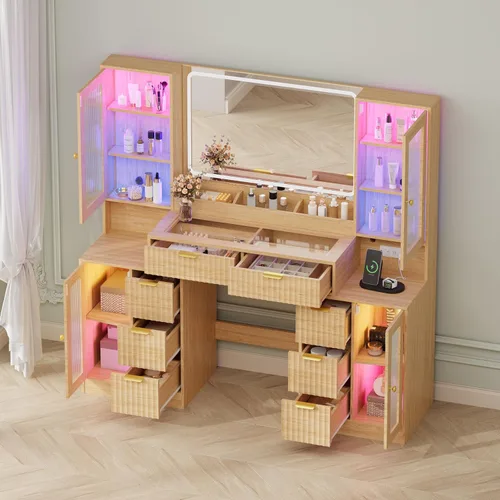 Miniatura 5 de Escritorio de maquillaje estriado con espejo y luces, tocador superior de cristal de 55 pulgadas con 8 cajones y 4 gabinetes de vidrio RGB, estantes