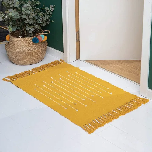 Miniatura 5 de Alfombra bohemia geométrica mostaza, 2 x 3 pies, color amarillo, lavable a máquina, antideslizante, pelo bajo, algodón tejido a mano