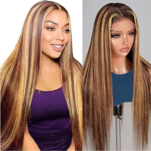 Miniatura 11 de TTSMINS 13x6 Pelucas de encaje frontal degradado para mujeres de cabello humano, densidad 180, color 4/27, resaltado, HD, transparente, 20 pulgadas