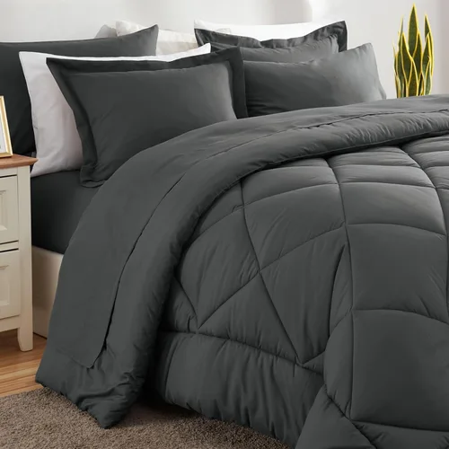 Miniatura 8 de CozyLux Juego de ropa de cama con edredón tamaño King gris oscuro - Juego de 7 piezas en una bolsa, juego de cama lujoso y suave para todas