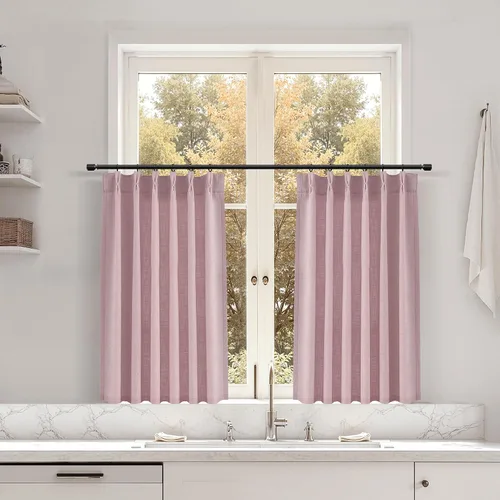 Miniatura 167 de Juego de 2 paneles de cortinas de ventana de cocina beige de 24 pulgadas de largo, con textura de lino, plisadas, filtrantes de luz, semi pequeñas