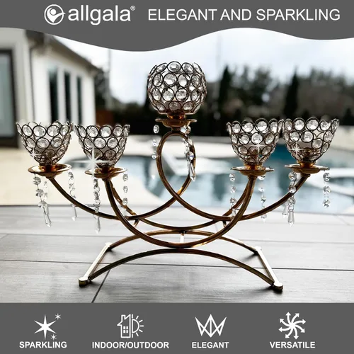 Miniatura 3 de Allgala Portavelas de cristal brillante de 5 brazos con taza en forma de tulipán para bodas, comedores, fiestas, centros de mesa se adapta a velas
