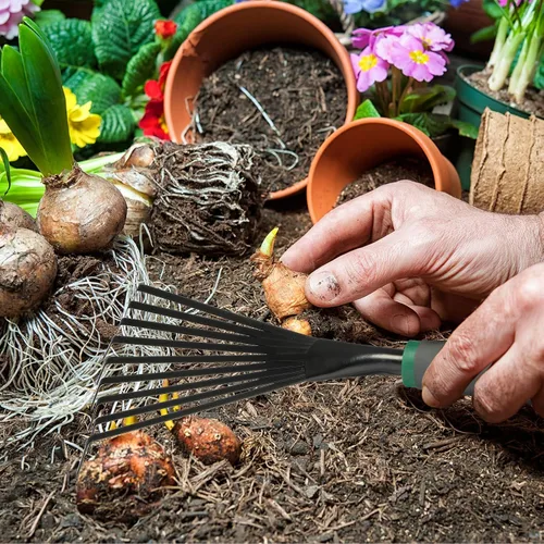 Miniatura 5 de 2 piezas de rastrillo de mano de jardinería de acero inoxidable, rastrillo de jardín pequeño para jardinería mango corto con mango, herramientas