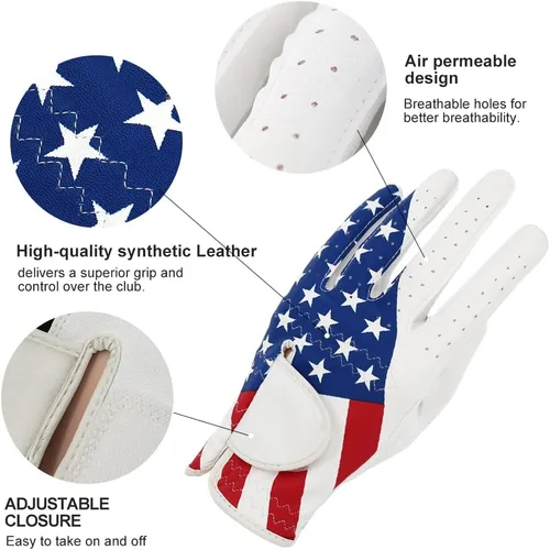 Miniatura 3 de Guantes de golf para hombres y mujeres, mano izquierda para golfista diestro, patrón de bandera estadounidense, cuero sintético, fibra de licra