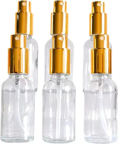 Miniatura 2 de Paquete de 12 botellas de vidrio transparente de 1 onza para aceites esenciales, botella de spray pequeña, aerosol de niebla fina, rociador dorado