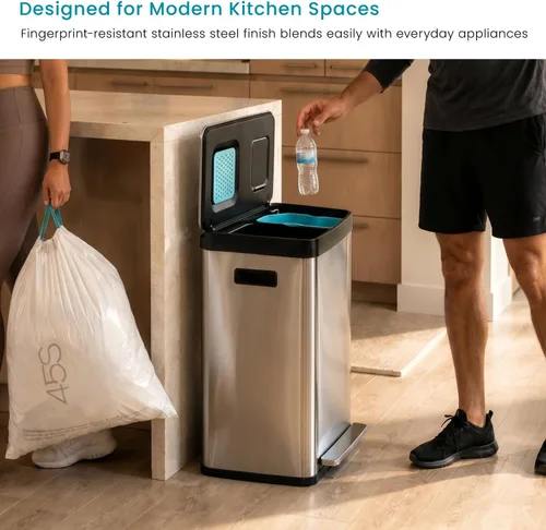 Miniatura 8 de Home Zone Living - Bote de basura de cocina de 19 galones con compartimentos duales para reciclaje, control de olor CleanAura, acero inoxidable