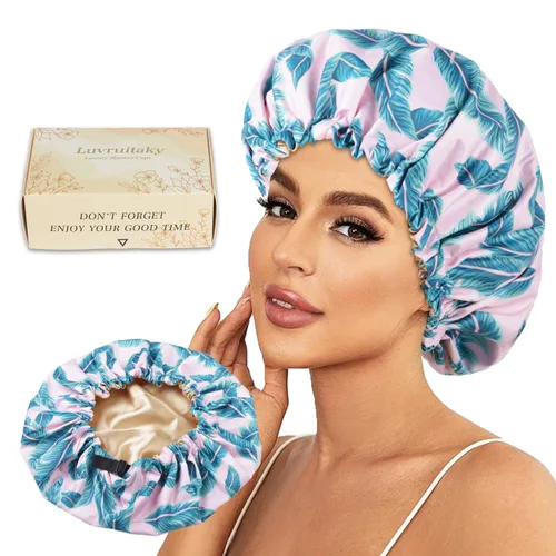 Miniatura 9 de 2 piezas de gorras de ducha para mujer, gorras de ducha reutilizables impermeables para el cabello con moño ajustable, lujosa gorra de baño