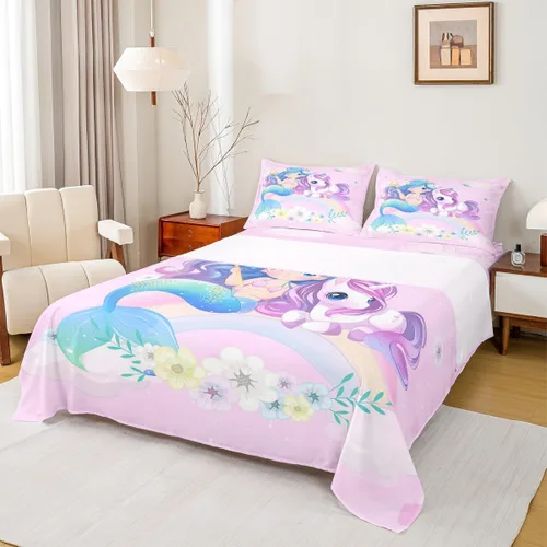 Erosebridal Sábanas de sirena azul para niñas, juego de sábanas de unicornio lindo tamaño matrimonial, 4 piezas para niños, sábanas de arcoíris