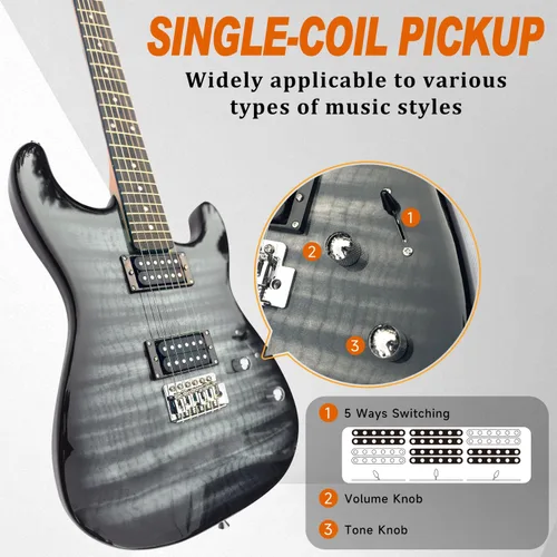 Miniatura 4 de Kit de inicio de guitarra eléctrica estilo ST de tamaño completo de 39 pulgadas con pastilla HH, amplificador portátil de 20 W, afinador, bolsa