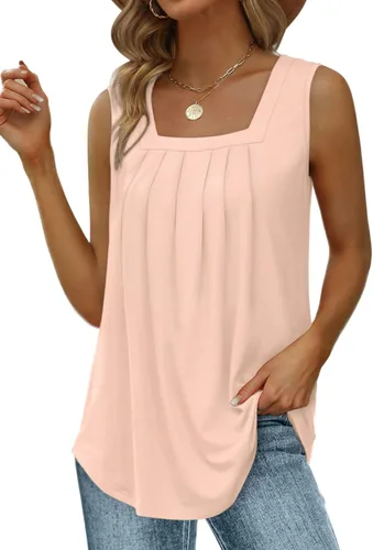 Miniatura 136 de Saloogoe - Camisetas sin mangas veraniegas para mujeres, plisadas con cuello cuadrado y dobladillo curvado, blusas de ajuste holgado con movimiento
