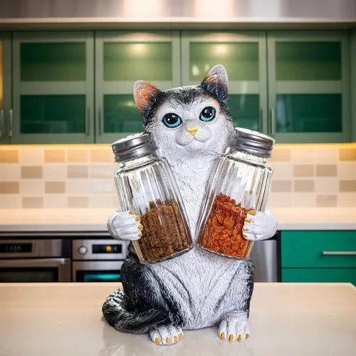 Miniatura 2 de Juego de salero y pimentero de resina con soporte y tarros de especias de cristal, decoración de cocina para amantes de los gatos, figura de gato